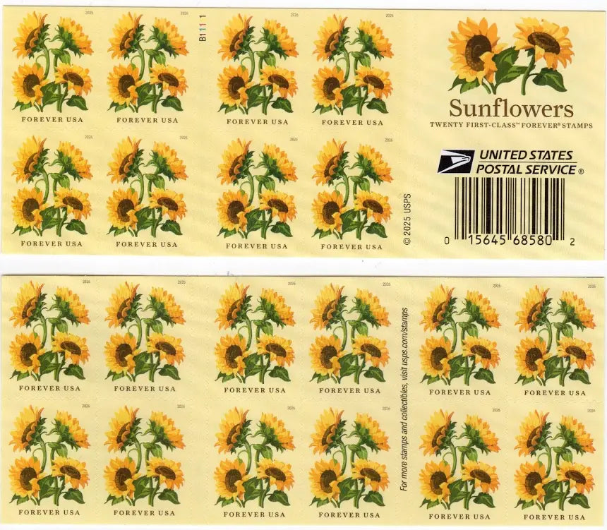 2026 SUNFLOWERS BOOKLET FOREVER STAMPS ( 5 Booklets ) 100 Stamps