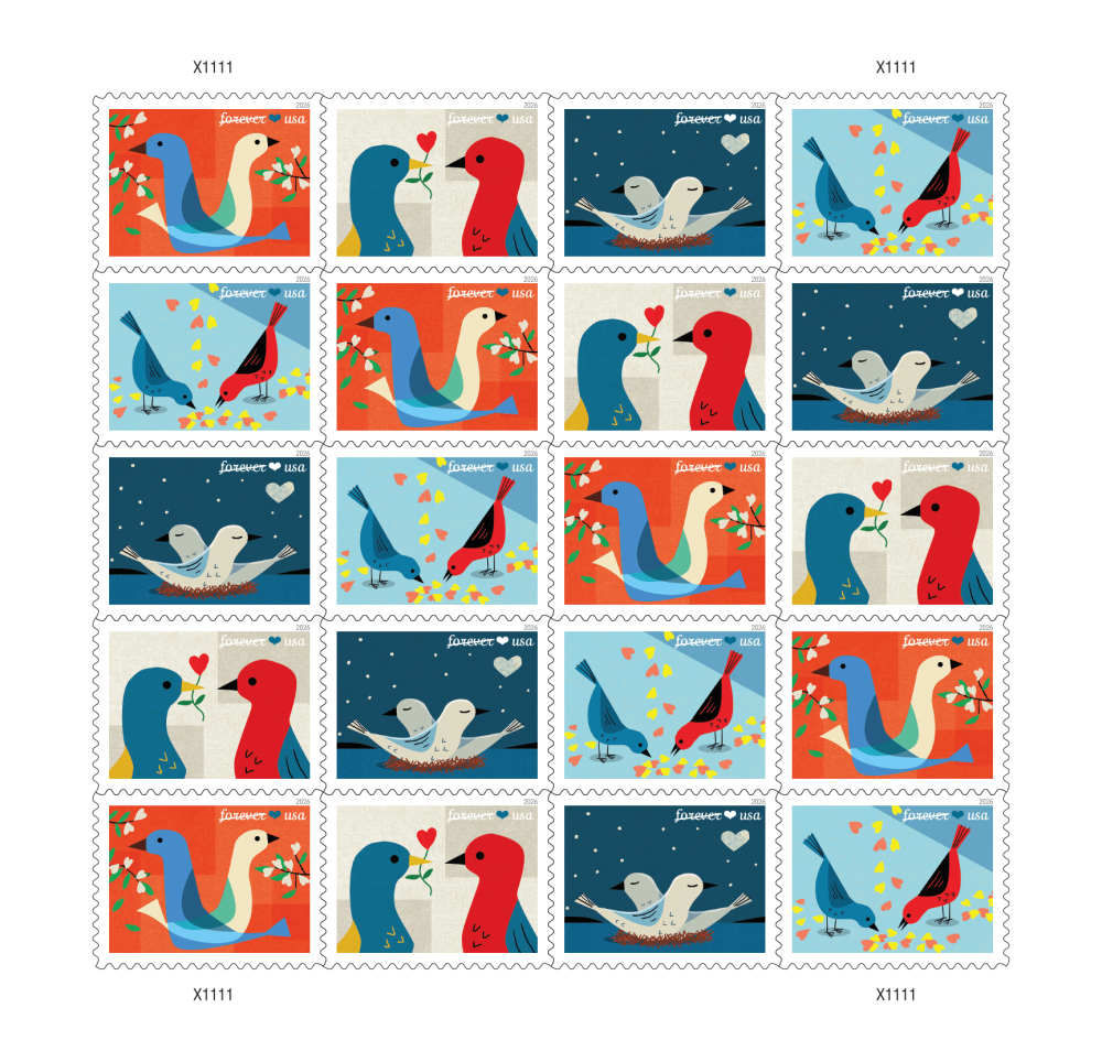2026 LOVE BIRDS SHEET FOREVER STAMPS ( 5 Sheets ) 100 Stamps