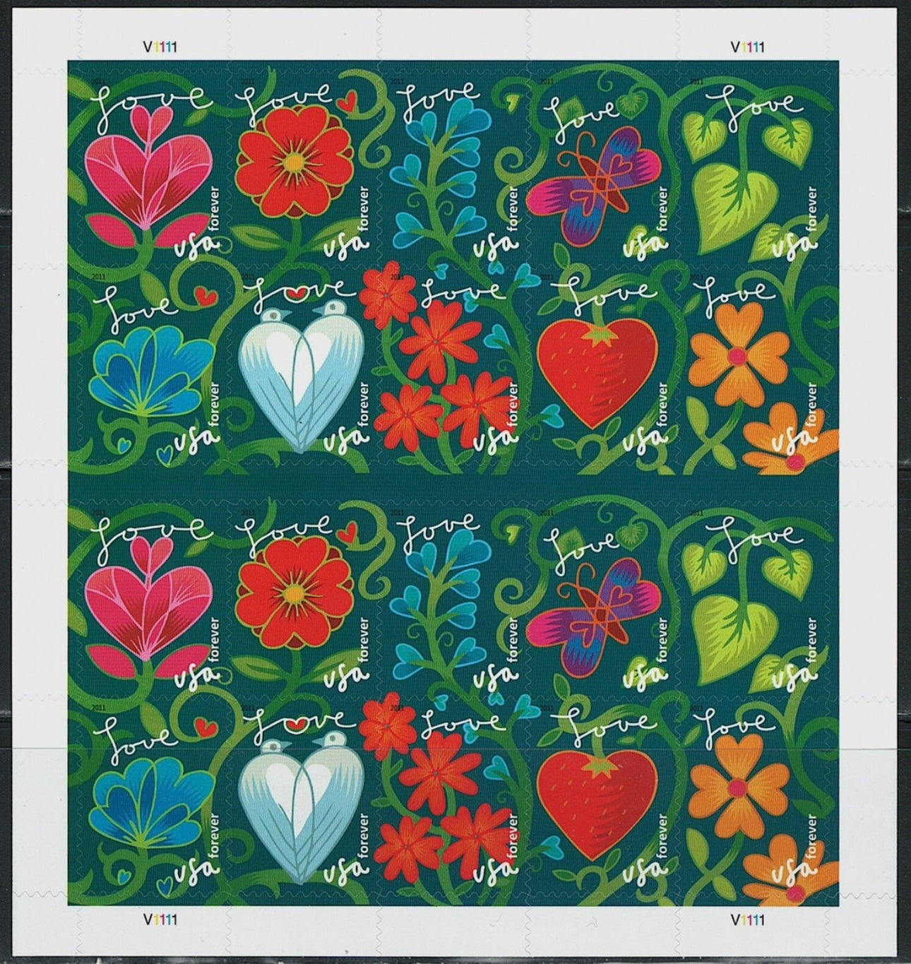 2011 Garden of Love 5 Pane of 20 Scott# 4531-4540
 Forever First Class Postage Stamps Discounted Forever Stamps