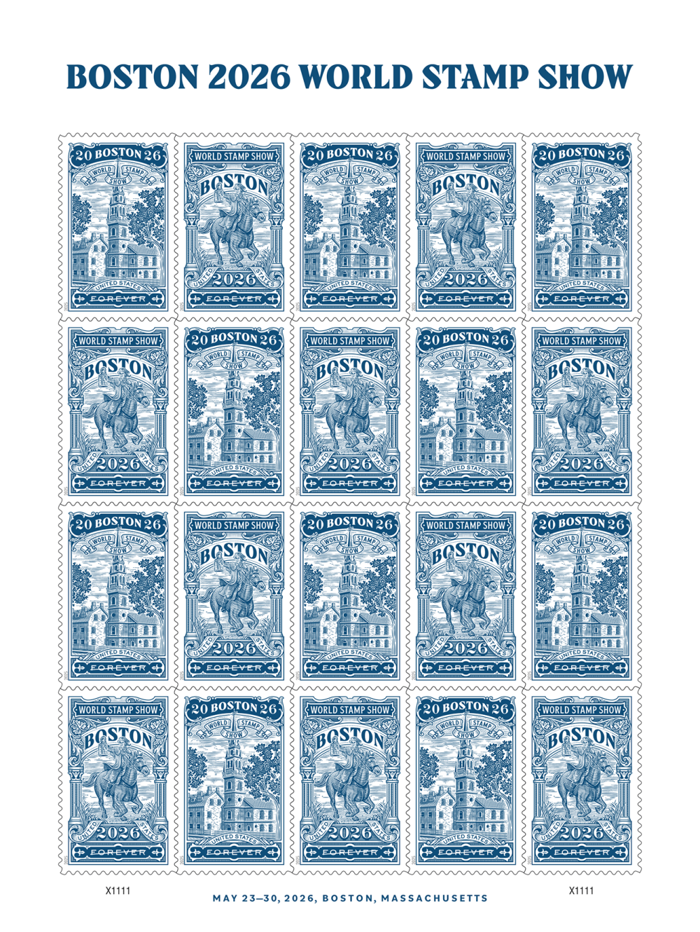 Boston 2026 World Stamp Show Forever Stamp (5 Sheets ) 100 stamps